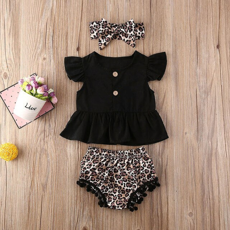 2021 Newborn Baby Girl Clothes Kids Sets 3Pcs Ruffle Sleeve T-Shirts Leopard Floral Tassels Shorts Summer Baby Clothes 0-3Years