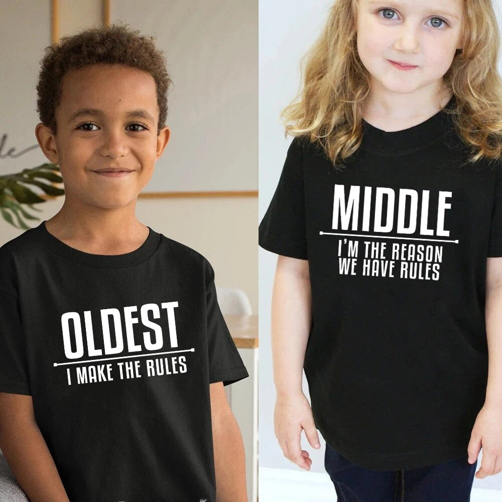 Family Matching Rules Shirts Dad Mom Oldest Middle Youngest Kids Tshirts Black Cotton Matching Daddy Mommy and Me Baby Clothes