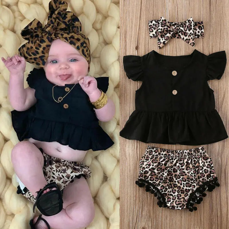 2021 Newborn Baby Girl Clothes Kids Sets 3Pcs Ruffle Sleeve T-Shirts Leopard Floral Tassels Shorts Summer Baby Clothes 0-3Years