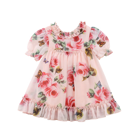 Cute Baby Girls Dress Flower Puff Sleeves a -Line Dress for Baby Girls Holiday Party Baby Girls Clothing