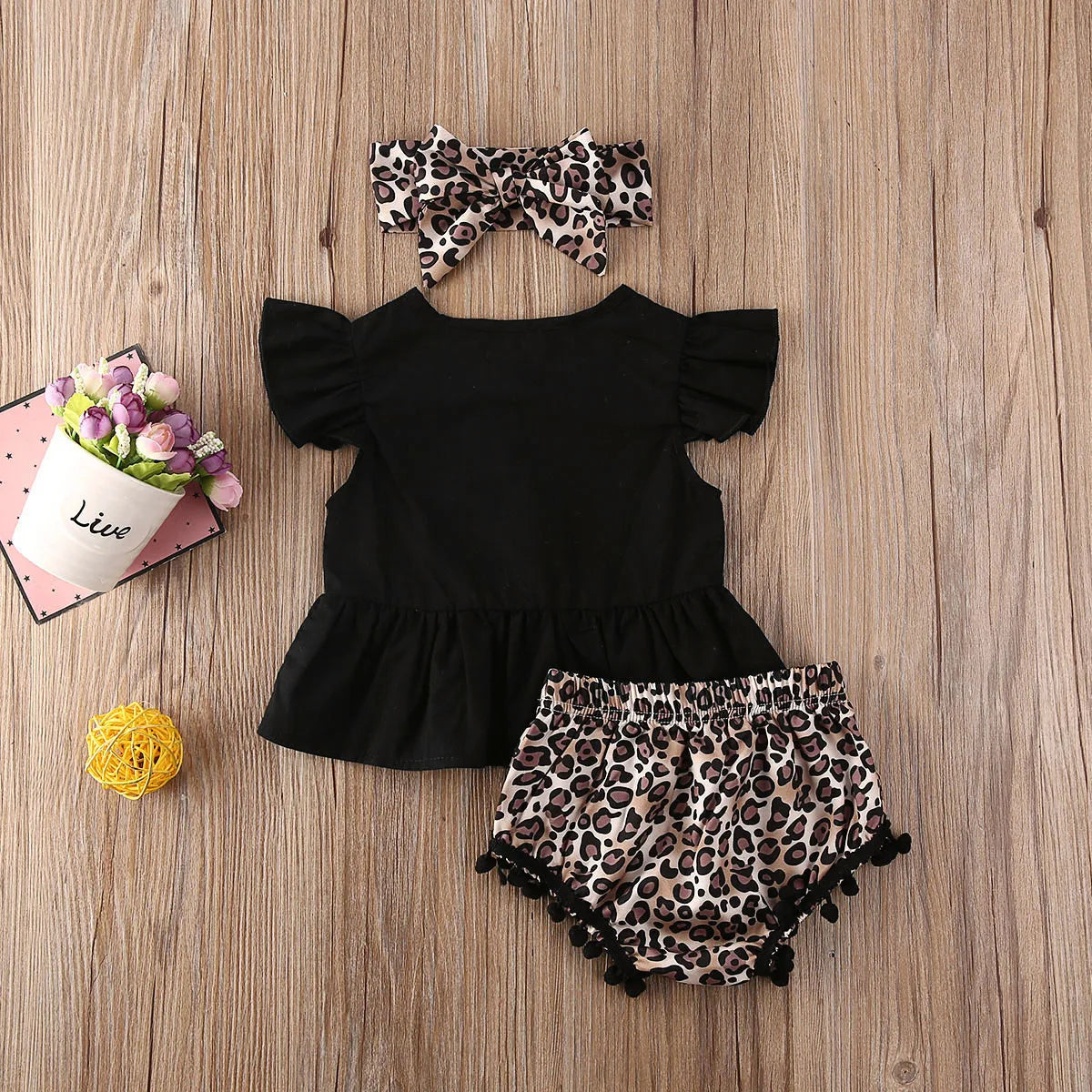 2021 Newborn Baby Girl Clothes Kids Sets 3Pcs Ruffle Sleeve T-Shirts Leopard Floral Tassels Shorts Summer Baby Clothes 0-3Years