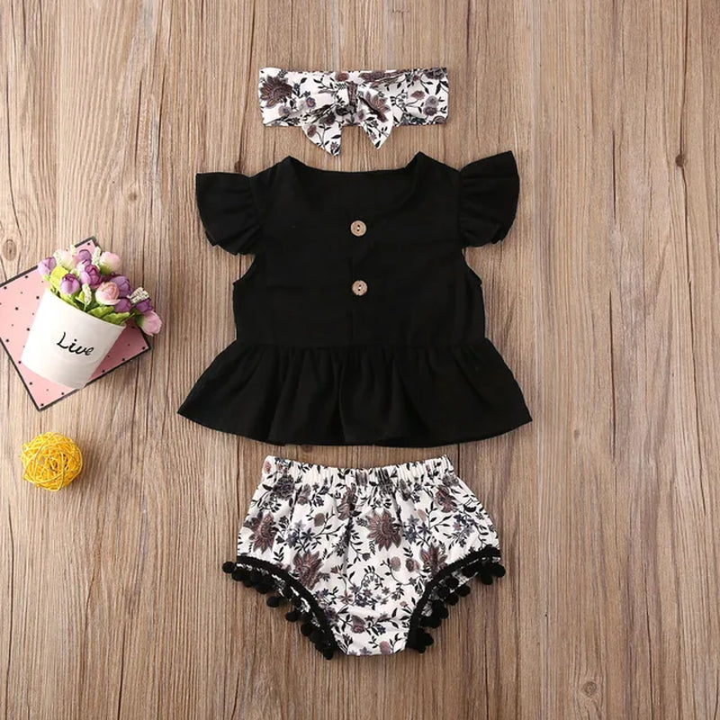 2021 Newborn Baby Girl Clothes Kids Sets 3Pcs Ruffle Sleeve T-Shirts Leopard Floral Tassels Shorts Summer Baby Clothes 0-3Years