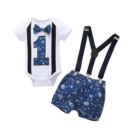 Baby Boy Clothes Sets One Year Birthday Baby Costume Boys Gentleman Tie Romper Straps Shorts Boy Child Wedding Suit Baby Clothes